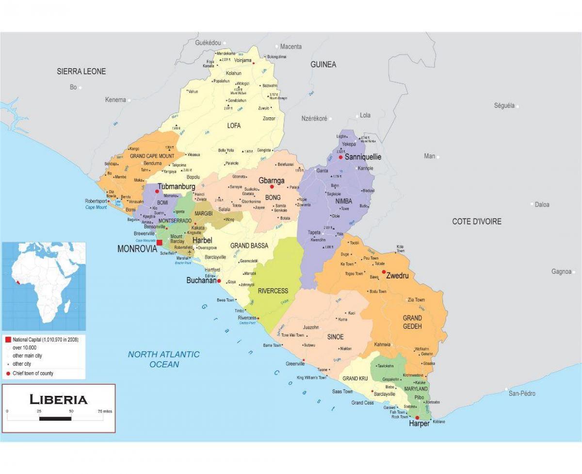 mapa de deseñar o mapa político de Liberia