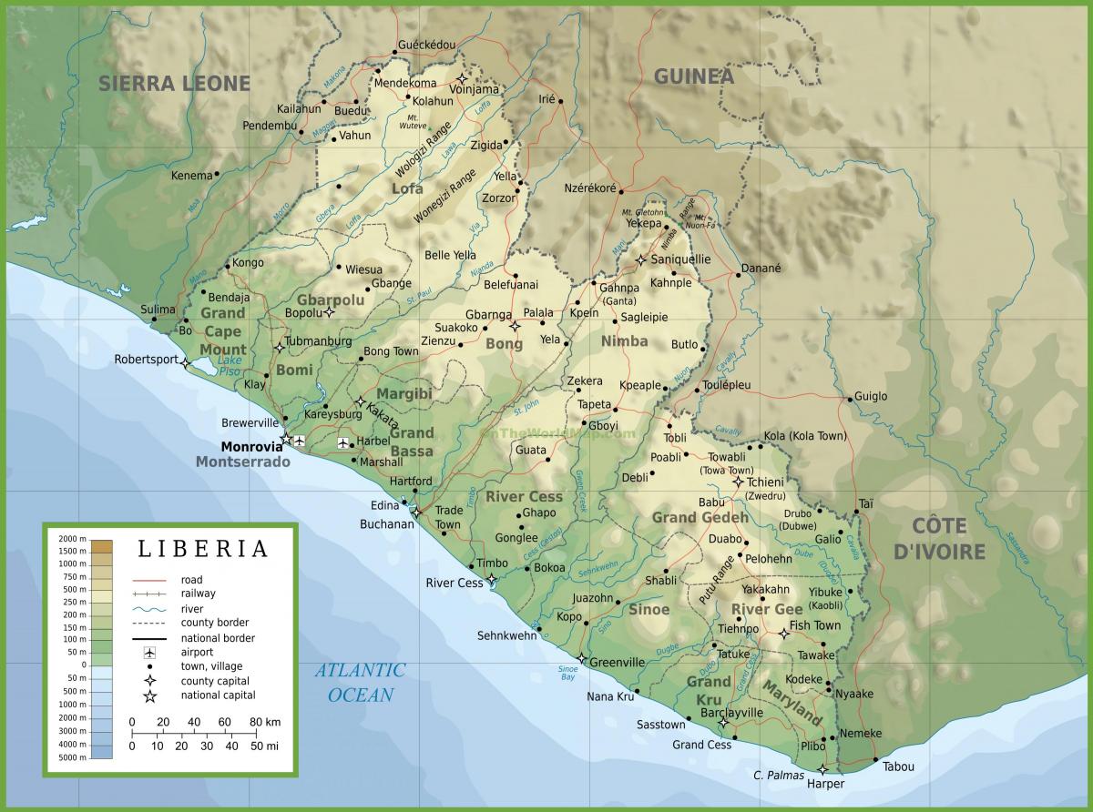 debuxar o mapa físico de Liberia