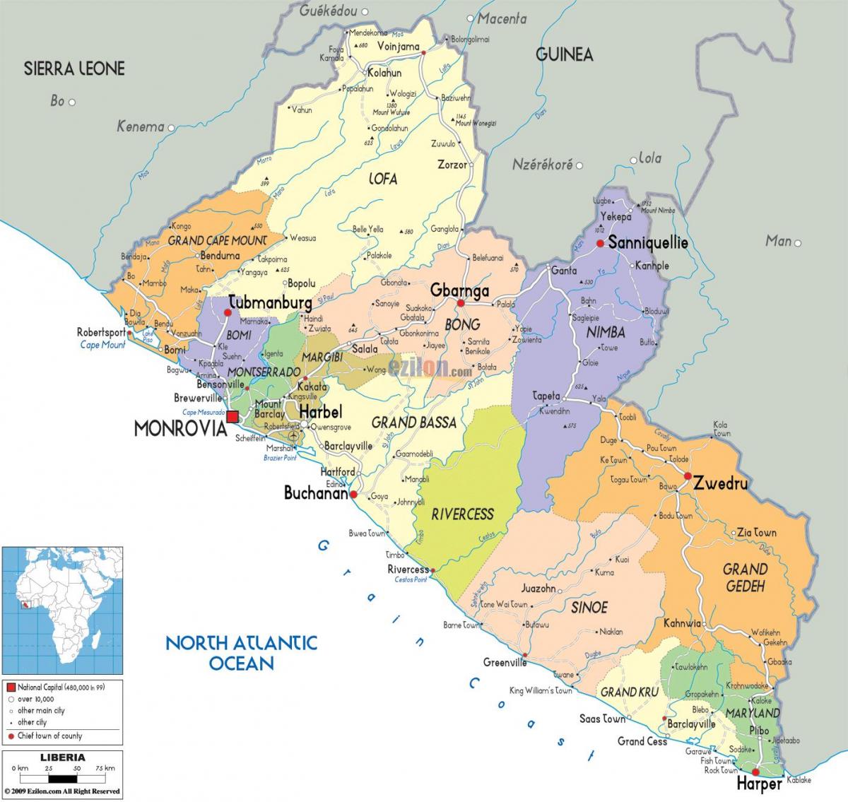 o mapa político de Liberia